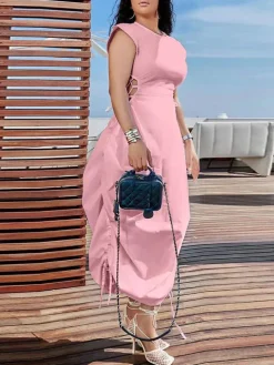 Solid Color Puff Sleeve Drawstring Waist Dress