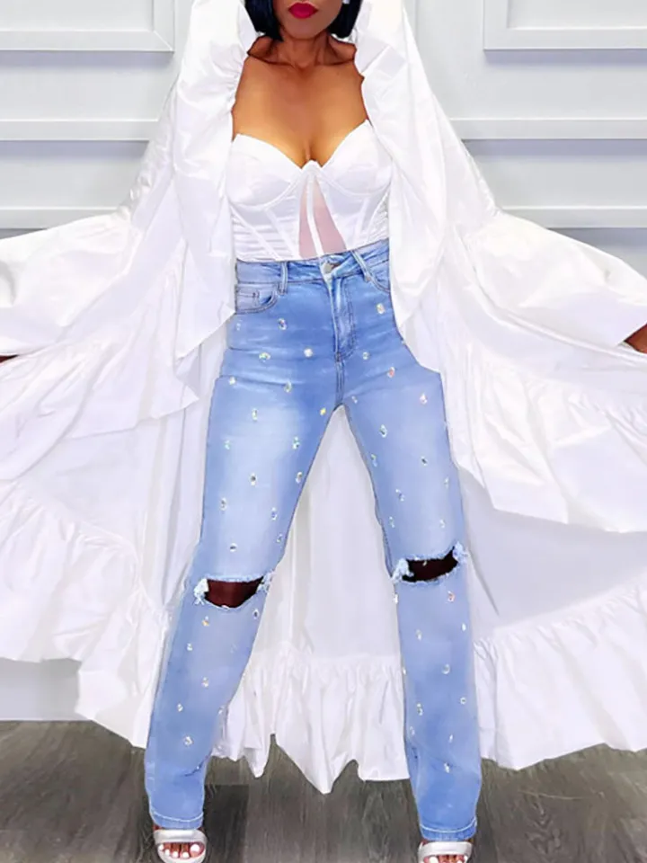 Solid Color Ruffle Trim Shawl Coat