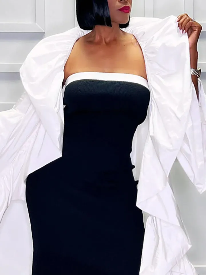 Solid Color Ruffle Trim Shawl Coat