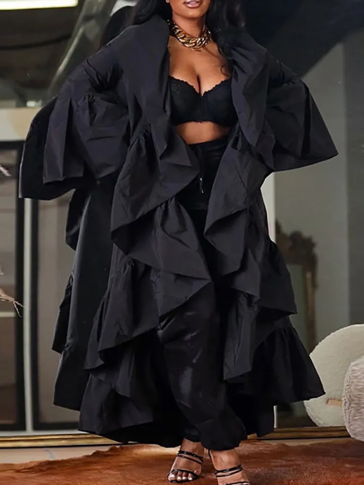 Solid Color Ruffle Trim Shawl Coat