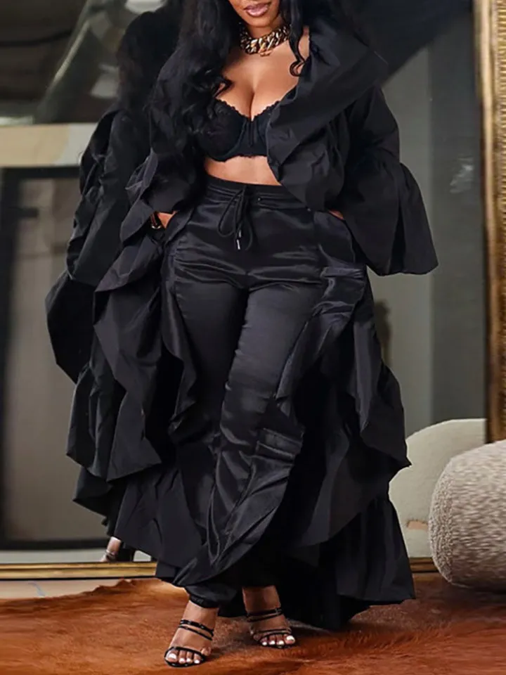 Solid Color Ruffle Trim Shawl Coat