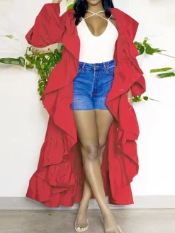 Solid Color Ruffle Trim Shawl Coat