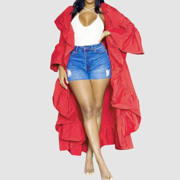 Solid Color Ruffled Trench Coat