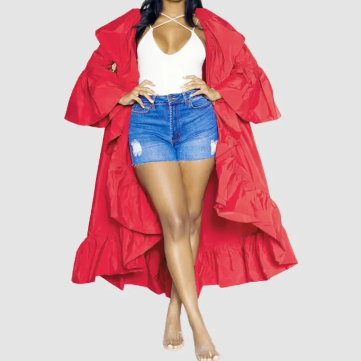 Solid Color Ruffled Trench Coat