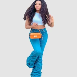 Solid Color Stretch Pleated Jeans