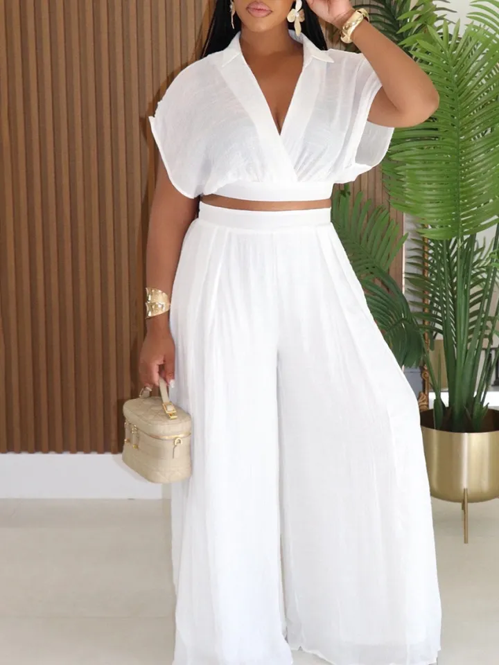 Solid Color Top Wide-Leg Pants Set