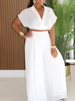 Solid Color Top Wide-Leg Pants Set