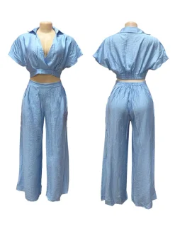 Solid Color Top Wide-Leg Pants Set