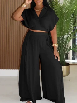 Solid Color Top Wide-Leg Pants Set