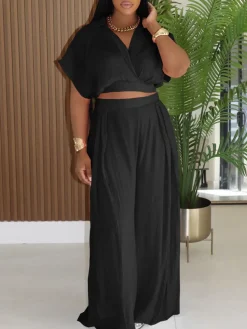 Solid Color Top Wide-Leg Pants Set