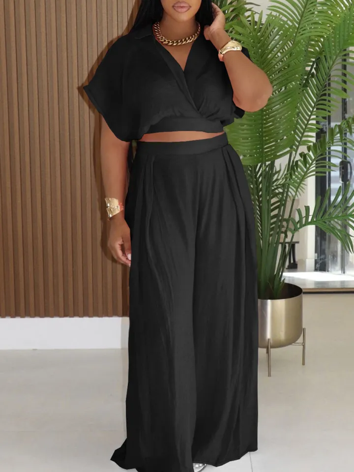 Solid Color Top Wide-Leg Pants Set