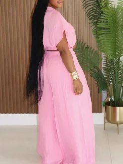 Solid Color Top Wide-Leg Pants Set