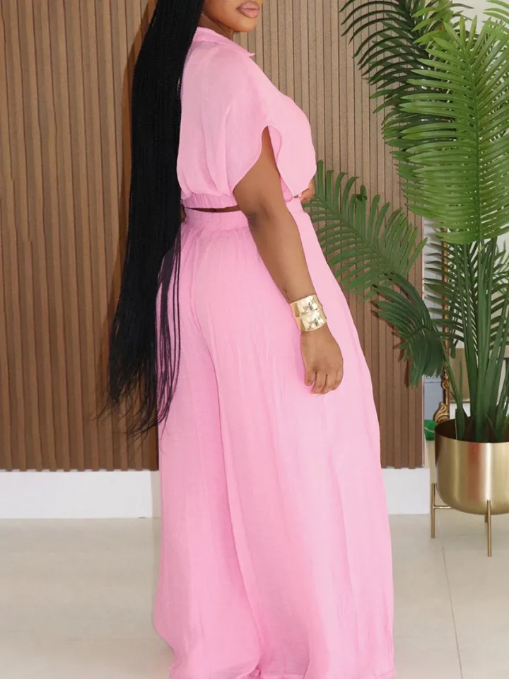 Solid Color Top Wide-Leg Pants Set