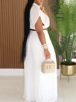 Solid Color Top Wide-Leg Pants Set
