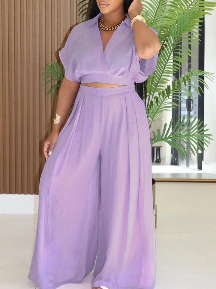 Solid Color Top Wide-Leg Pants Set
