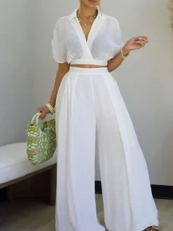Solid Color Top Wide-Leg Pants Set