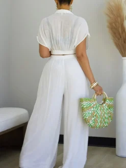 Solid Color Top Wide-Leg Pants Set