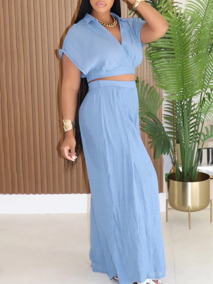 Solid Color Top Wide-Leg Pants Set