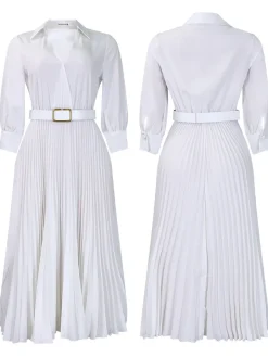 Solid Color V-Neck Pleated Dress with Belt