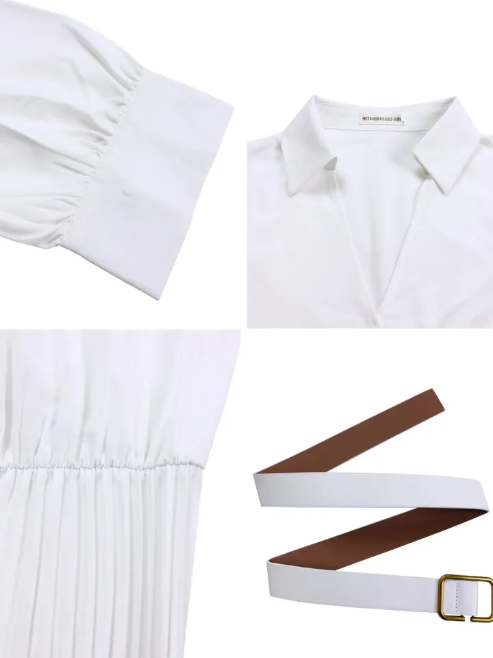 Solid Color V-Neck Pleated Dress with Belt