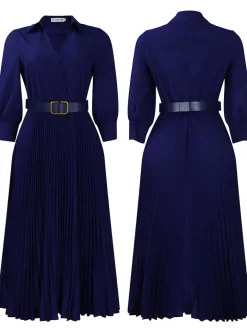 Solid Color V-Neck Pleated Dress with Belt