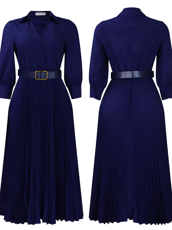 Solid Color V-Neck Pleated Dress with Belt