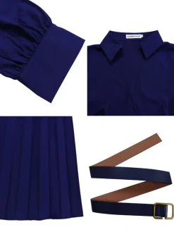 Solid Color V-Neck Pleated Dress with Belt