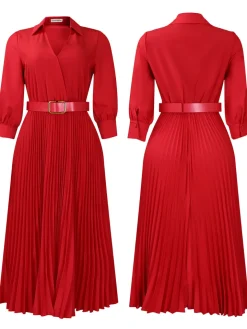 Solid Color V-Neck Pleated Dress with Belt