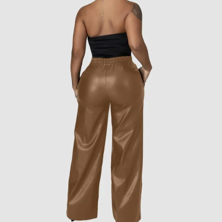 Solid Color Wide Leg PU Leather Pants