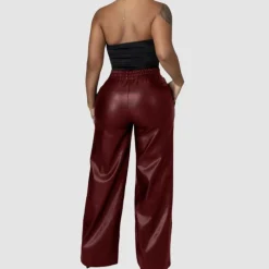 Solid Color Wide Leg PU Leather Pants