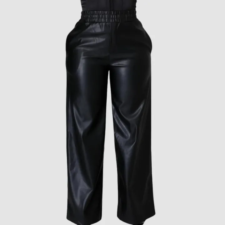 Solid Color Wide Leg PU Leather Pants