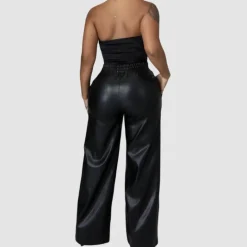 Solid Color Wide Leg PU Leather Pants