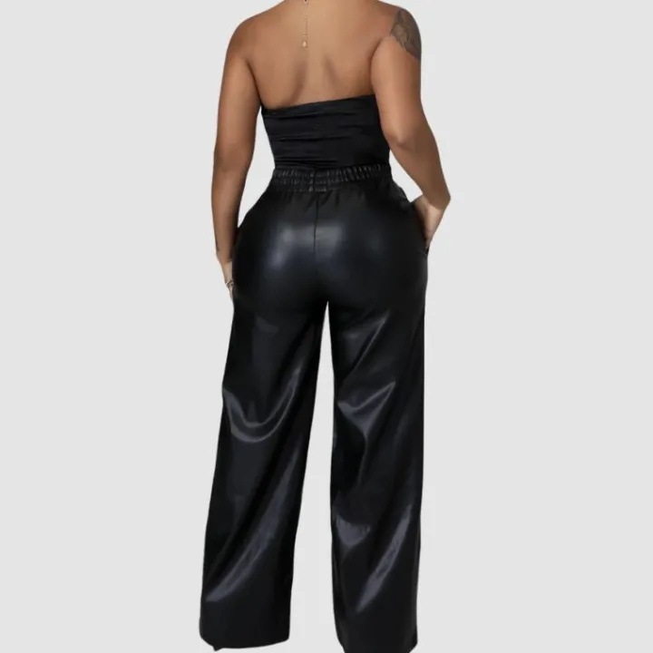 Solid Color Wide Leg PU Leather Pants
