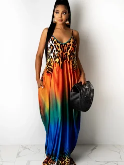 Spaghetti Strap Boho Gradient Leoaprd Print Sundress