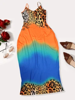 Spaghetti Strap Boho Gradient Leoaprd Print Sundress