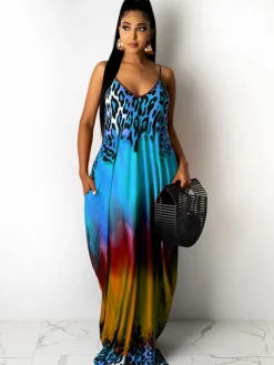 Spaghetti Strap Boho Gradient Leoaprd Print Sundress