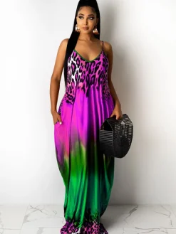Spaghetti Strap Boho Gradient Leoaprd Print Sundress