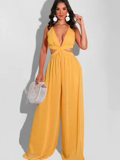 Spaghetti Strap Chiffon Backless Wide Leg Jumpsuit