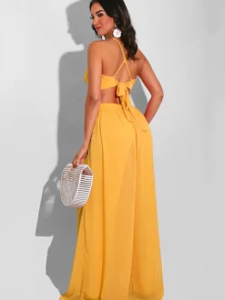 Spaghetti Strap Chiffon Backless Wide Leg Jumpsuit