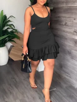 Spaghetti Strap Cut Out Ruffle Mini Dress