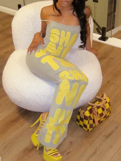 Spaghetti Strap Letter Print Tube Maxi Dress