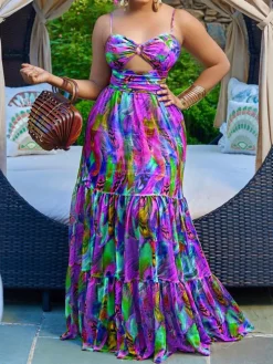 Spaghetti Strap Printed Tie-Dye Maxi Dress