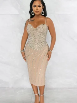 Spaghetti Strap Rhinestone Bodycon Midi Dress