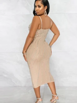 Spaghetti Strap Rhinestone Bodycon Midi Dress