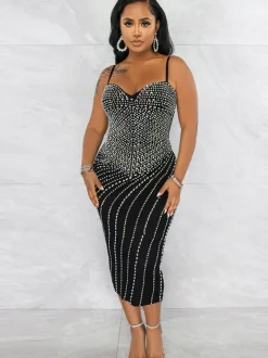 Spaghetti Strap Rhinestone Bodycon Midi Dress