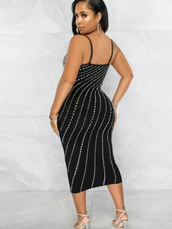 Spaghetti Strap Rhinestone Bodycon Midi Dress
