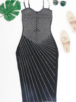 Spaghetti Strap Rhinestone Bodycon Midi Dress