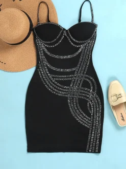 Spaghetti Strap Rhinestone Patchwork Mini Dress