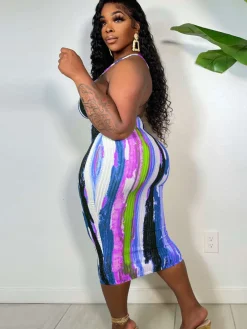 Spaghetti Strap Tie Dye Backless Midi Dress