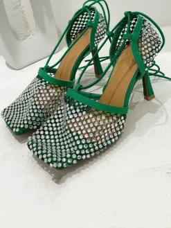 Sparkling Rhinestone Crossed Straps Hollow Out Heeled Sandal